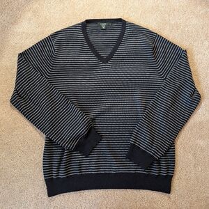 J Crew Navy Blue White Striped Italian Merino Wool V-neck Sweater